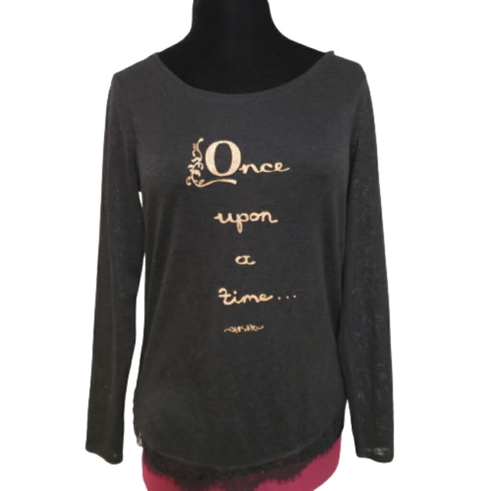 Disney Once Upon a Time Back Bow Black Burnout Lace Hem Long Sleeve Tunic Top M